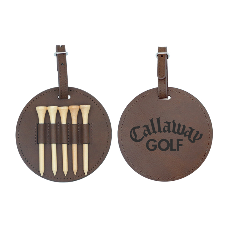 Tag Beg Golf Bulat Kulit Kulit Boleh Laser dengan 5 Tee Kayu