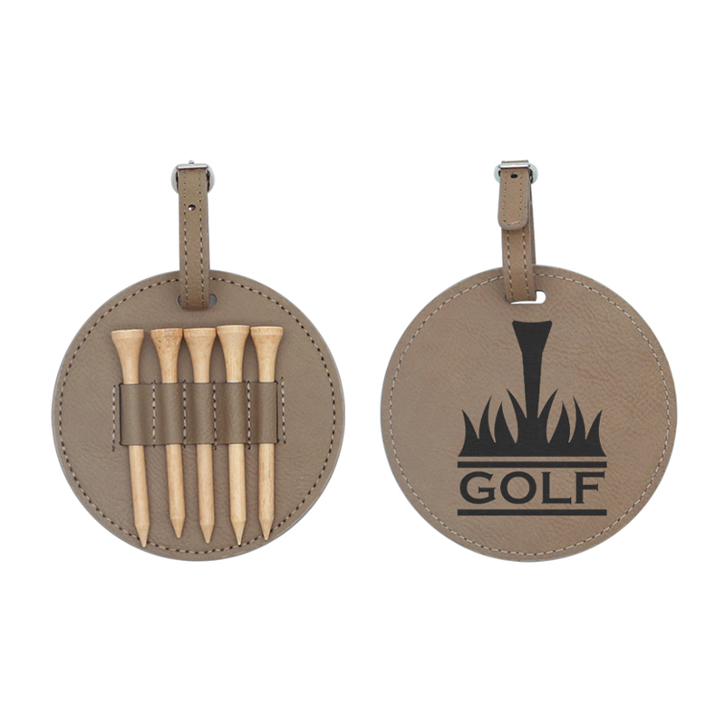 Tag Beg Golf Bulat Kulit Kulit Boleh Laser dengan 5 Tee Kayu