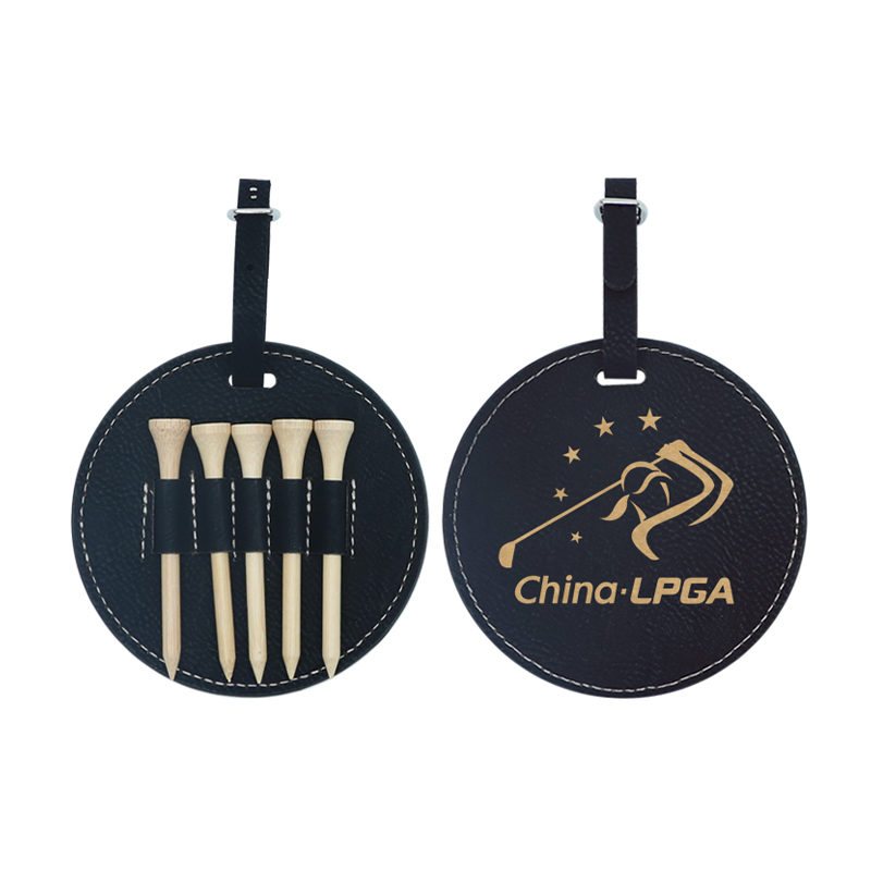Tag Beg Golf Bulat Kulit Kulit Boleh Laser dengan 5 Tee Kayu